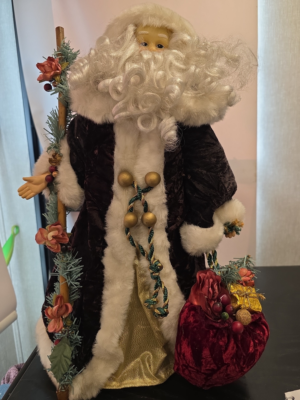 Vtg 18" Santa Claus,With Velvet Robe & Faux Fur Trim,Victorian Style,tree Topper